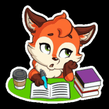 a cartoon of a fox sitting at a desk with books and a cup of coffee