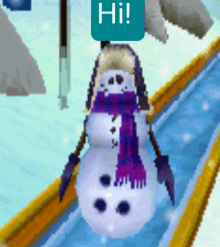 a snowman wearing a purple scarf and hat says hi on a sign