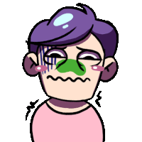 a cartoon drawing of a person with purple hair and a green nose mask