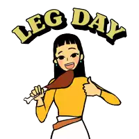 a cartoon drawing of a woman eating a chicken leg with the words leg day above her