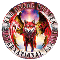 the logo for the red angel wolves international family shows a red wolf with angel wings