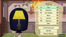 a screenshot of a video game showing the makeup menu