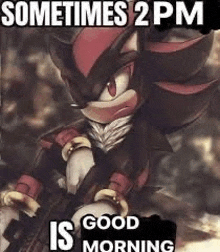 shadow the hedgehog from sonic the hedgehog is holding a gun and says `` sometimes 2 pm is good morning '' .