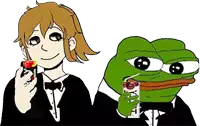 a cartoon of a girl in a tuxedo and a frog drinking from a straw