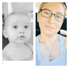 a black and white photo of a baby and a picture of a woman wearing glasses