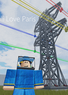 a cartoon character standing in front of a power tower with the words " i love paris " below him