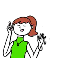 a woman in a green shirt is talking on a cell phone and waving her hand .