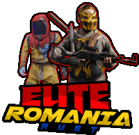 a logo for elite romania rust with two soldiers on it