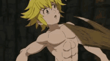 a shirtless anime character from the seven deadly sins is holding a sword in his hand .