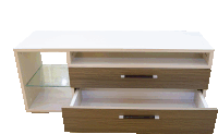 a dresser with the drawers open and a glass shelf underneath