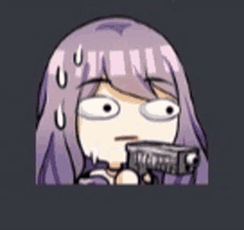 a cartoon girl with purple hair is holding a gun in her hand .