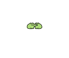 two green frogs are hugging each other and looking at each other on a white background .