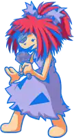 a cartoon drawing of a girl with red hair and blue eyes