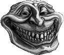 a black and white drawing of a troll face with a huge smile .