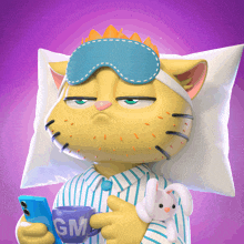 a cartoon cat is wearing a sleep mask and holding a gm mug