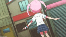 a girl with pink hair and pigtails is flying through the air .