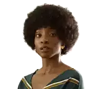 a woman in a green and yellow striped shirt has a large afro