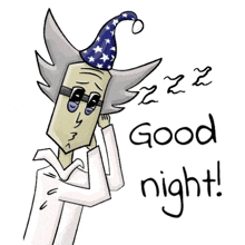 a cartoon of a man wearing a sleepy hat with the words " good night " below him