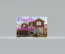 a picture of a shark in front of a brick house with the words darth galactic written on it