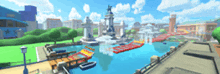 a cartoon city with a fountain and boats in the water .