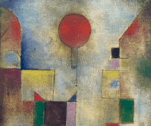 a painting of a red balloon in the middle of a city