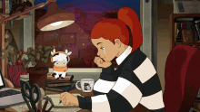 a cartoon of a girl sitting at a desk with a cow on the desk