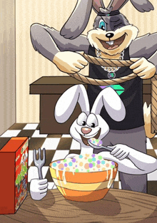 a cartoon of two rabbits playing with a rope and eating cereal