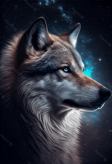 a close up of a wolf 's face with a starry background