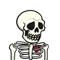 a skeleton with a red heart in its chest