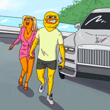 a cartoon of a man and a woman walking next to a rolls royce car