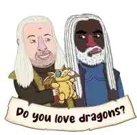 a cartoon of a man holding a stuffed dragon with the words " do you love dragons " below him