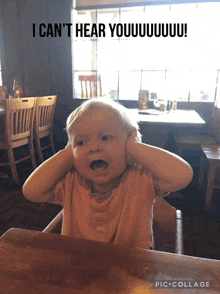 a child covering his ears in a restaurant with the caption i can t hear you