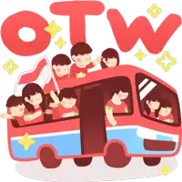 a group of people are riding on top of a red and blue bus with the word otw written above them