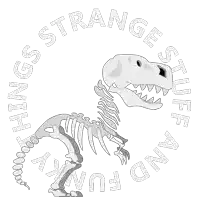 a skeleton of a dinosaur is surrounded by the words strange stuff and funny