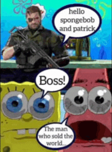 a cartoon of spongebob and patrick talking about the man who sold the world