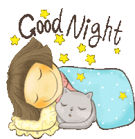 a cartoon of a girl sleeping with a cat and the words good night