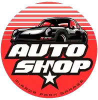 a logo for auto shop mirror park garage with a car on it