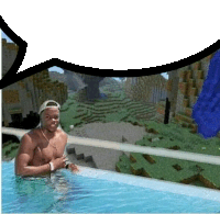 a shirtless man in a swimming pool with a minecraft background