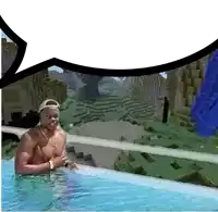 a shirtless man in a swimming pool with a minecraft background