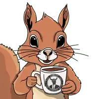 a cartoon squirrel is holding a cup of the son of tat coffee