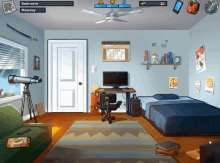 a computer screen shows a bedroom with a bed a desk and a ceiling fan