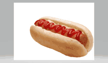 a hot dog with ketchup and mustard on a white bun