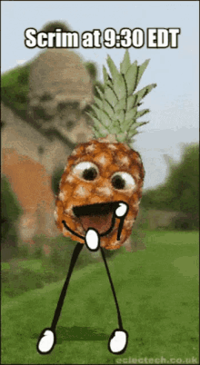 a cartoon of a pineapple with arms and legs and the words scrim at 9:30 edt