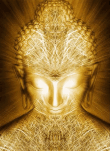 a painting of a golden buddha with a glowing head