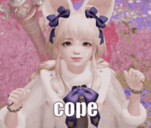 a girl with bunny ears is wearing a white coat and a purple bow on her head .