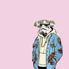 a cartoon of a storm trooper wearing a hoodie and a jacket with flowers on it .