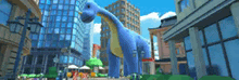 a large blue dinosaur is standing in the middle of a city .