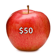 a red apple with the price of $ 50 written on it