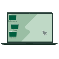 a laptop screen shows a pointer pointing to a folder called dokumente