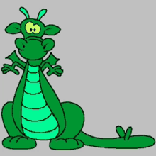 a green cartoon dragon with yellow eyes is sitting on a grey background